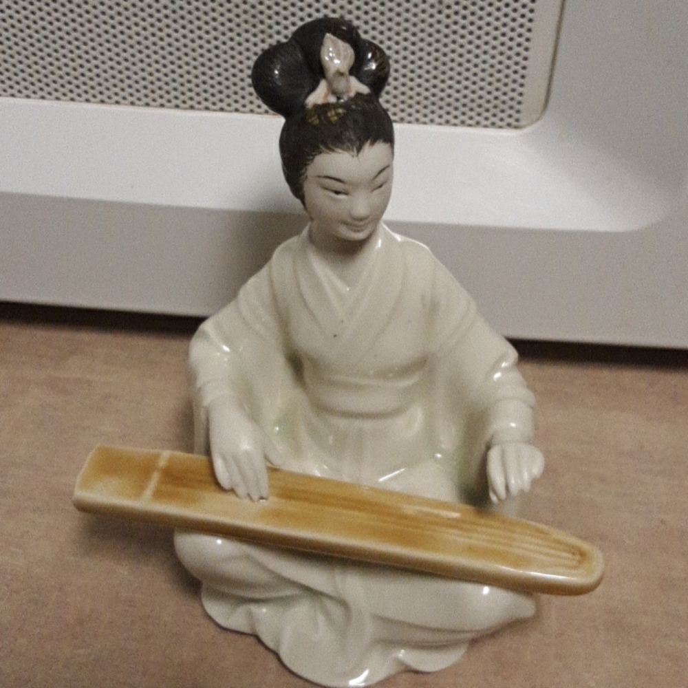 Vintage Japanese Porcelain Geisha playing lap harp